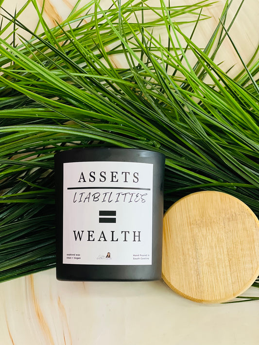 Assets Over Liabilities Equals Wealth Candle