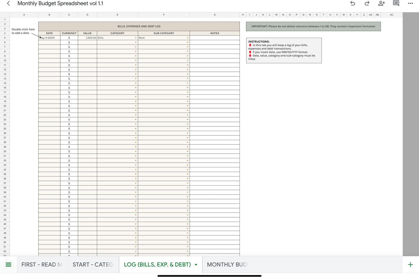 Monthly Budget Spreadsheet