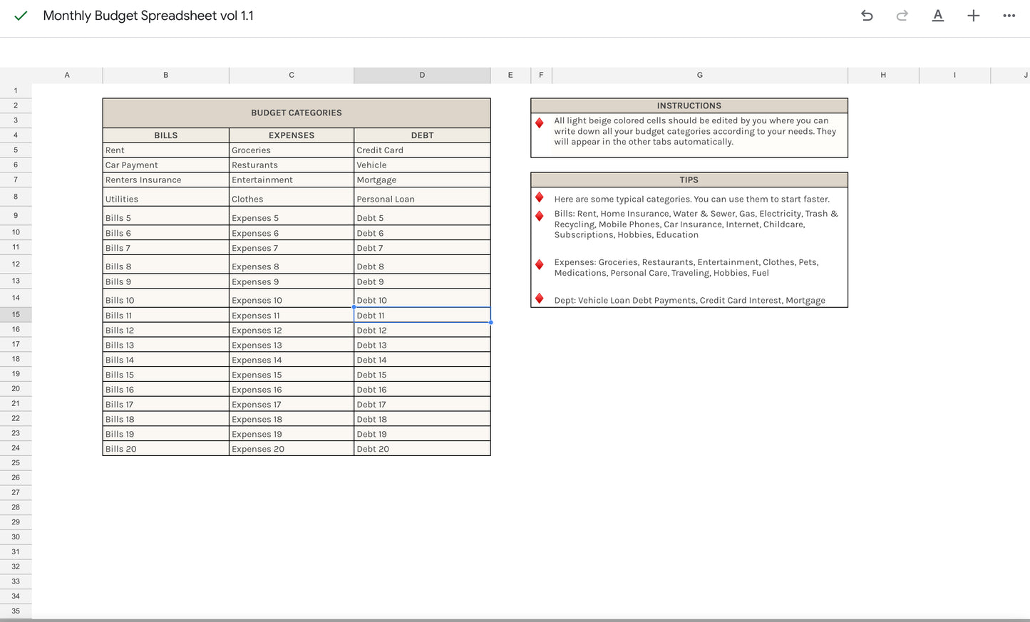 Monthly Budget Spreadsheet